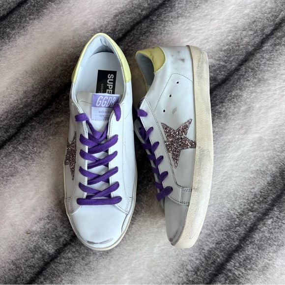 Golden Goose Superstar Classic Leather Glitter Star White Pink Yellow Sneakers - Picture 2 of 16